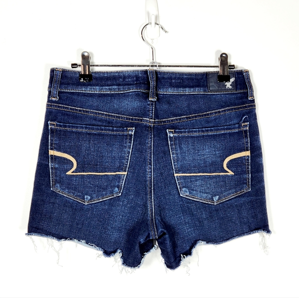 AE dark denim Hi-rise Shortie shorts. Sz6 raw hem w/ 4" inseam - Picture 1 of 5